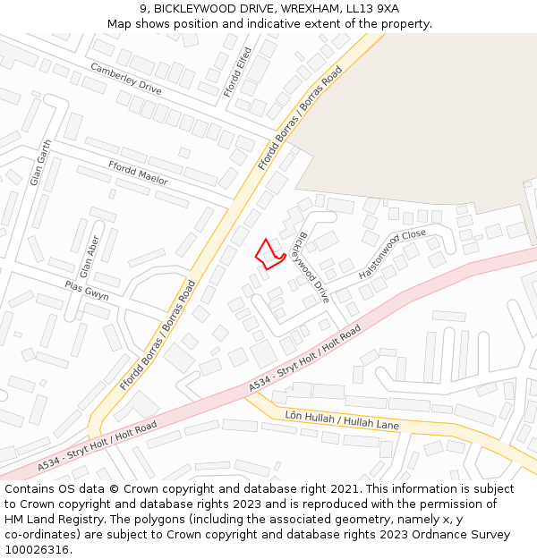 9, BICKLEYWOOD DRIVE, WREXHAM, LL13 9XA: Location map and indicative extent of plot