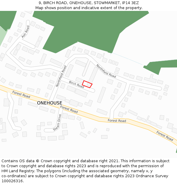 9, BIRCH ROAD, ONEHOUSE, STOWMARKET, IP14 3EZ: Location map and indicative extent of plot