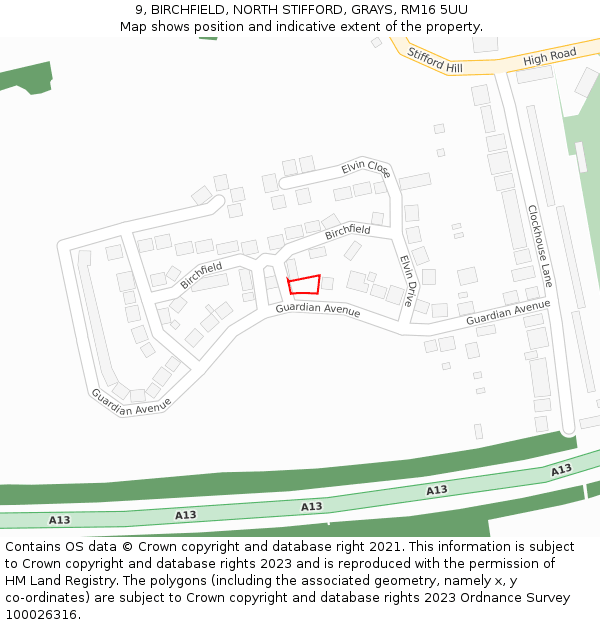 9, BIRCHFIELD, NORTH STIFFORD, GRAYS, RM16 5UU: Location map and indicative extent of plot