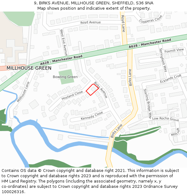 9, BIRKS AVENUE, MILLHOUSE GREEN, SHEFFIELD, S36 9NA: Location map and indicative extent of plot