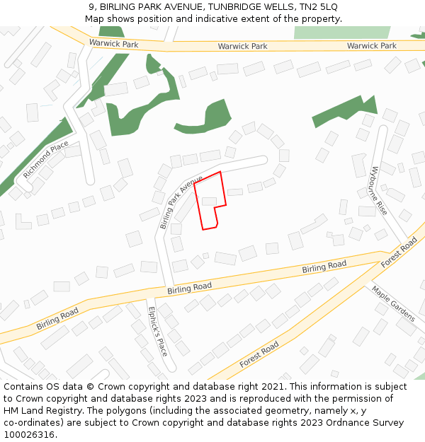 9, BIRLING PARK AVENUE, TUNBRIDGE WELLS, TN2 5LQ: Location map and indicative extent of plot