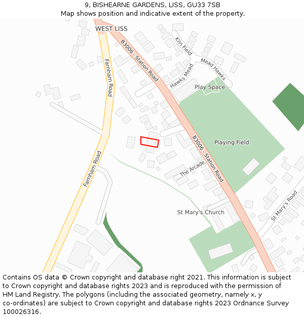 9, BISHEARNE GARDENS, LISS, GU33 7SB: Location map and indicative extent of plot