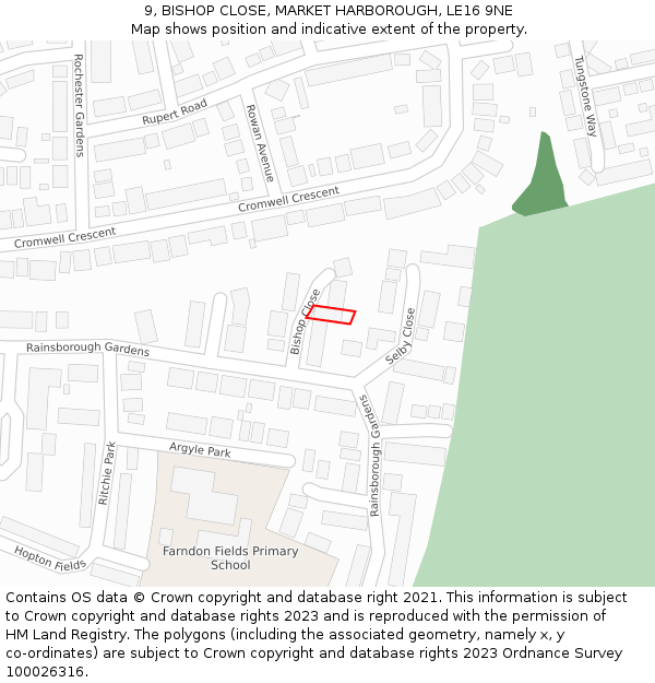 9, BISHOP CLOSE, MARKET HARBOROUGH, LE16 9NE: Location map and indicative extent of plot