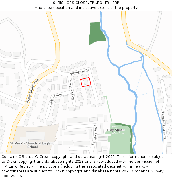 9, BISHOPS CLOSE, TRURO, TR1 3RR: Location map and indicative extent of plot