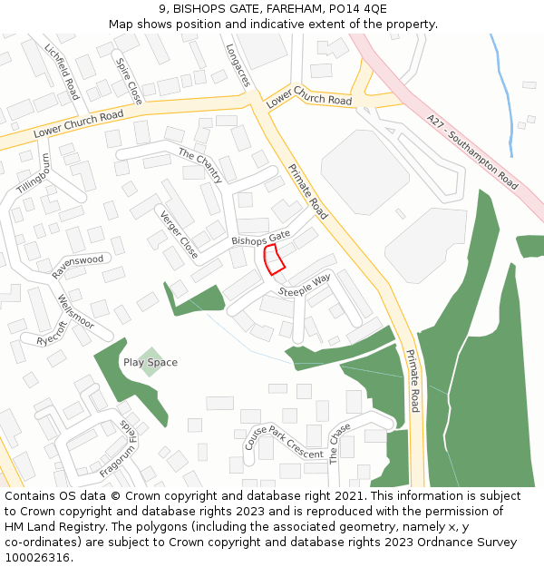 9, BISHOPS GATE, FAREHAM, PO14 4QE: Location map and indicative extent of plot