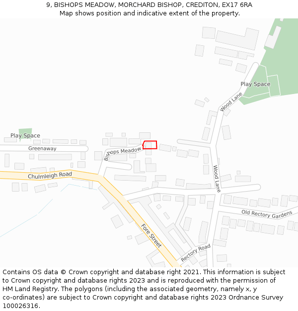 9, BISHOPS MEADOW, MORCHARD BISHOP, CREDITON, EX17 6RA: Location map and indicative extent of plot