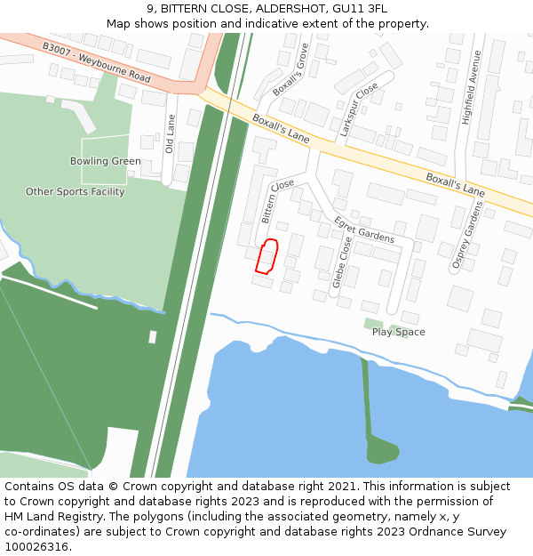 9, BITTERN CLOSE, ALDERSHOT, GU11 3FL: Location map and indicative extent of plot