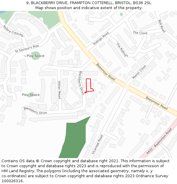 9, BLACKBERRY DRIVE, FRAMPTON COTTERELL, BRISTOL, BS36 2SL: Location map and indicative extent of plot