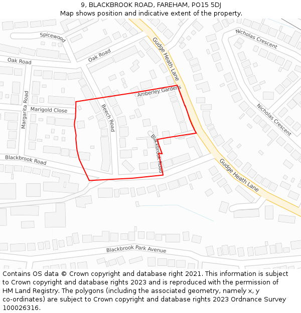 9, BLACKBROOK ROAD, FAREHAM, PO15 5DJ: Location map and indicative extent of plot