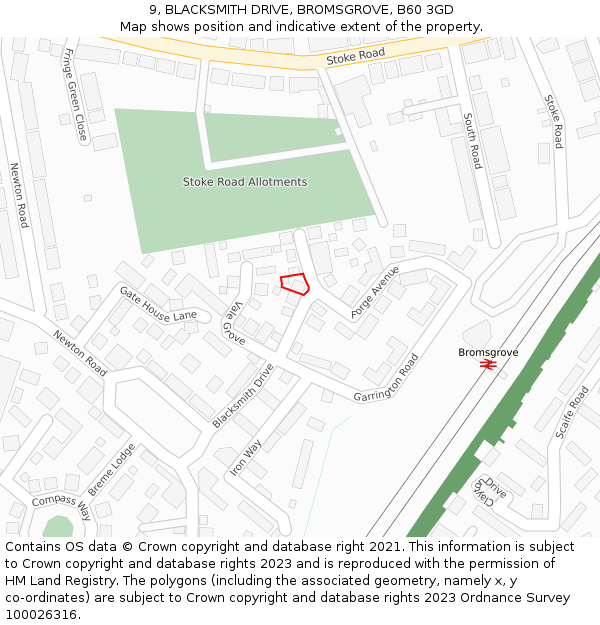 9, BLACKSMITH DRIVE, BROMSGROVE, B60 3GD: Location map and indicative extent of plot