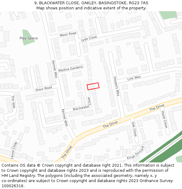 9, BLACKWATER CLOSE, OAKLEY, BASINGSTOKE, RG23 7AS: Location map and indicative extent of plot