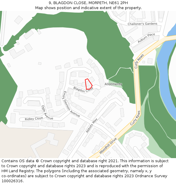 9, BLAGDON CLOSE, MORPETH, NE61 2PH: Location map and indicative extent of plot