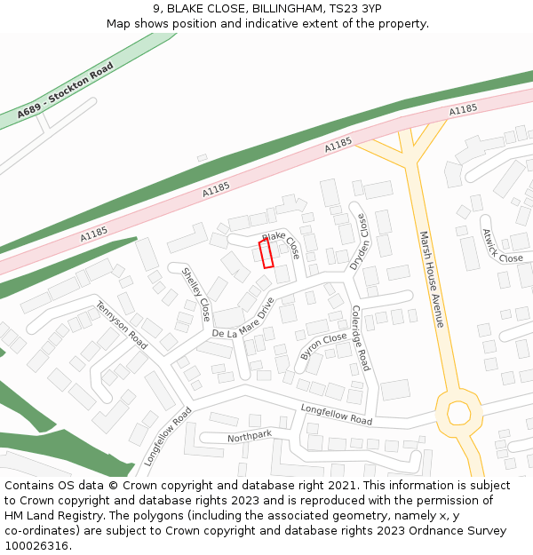 9, BLAKE CLOSE, BILLINGHAM, TS23 3YP: Location map and indicative extent of plot