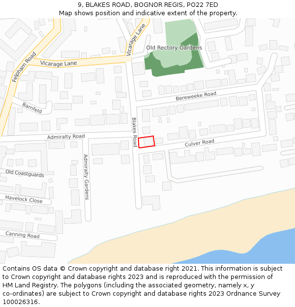 9, BLAKES ROAD, BOGNOR REGIS, PO22 7ED: Location map and indicative extent of plot