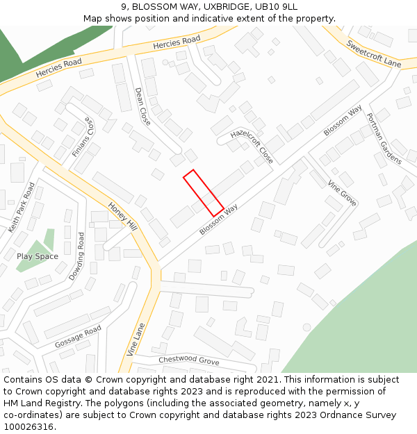 9, BLOSSOM WAY, UXBRIDGE, UB10 9LL: Location map and indicative extent of plot