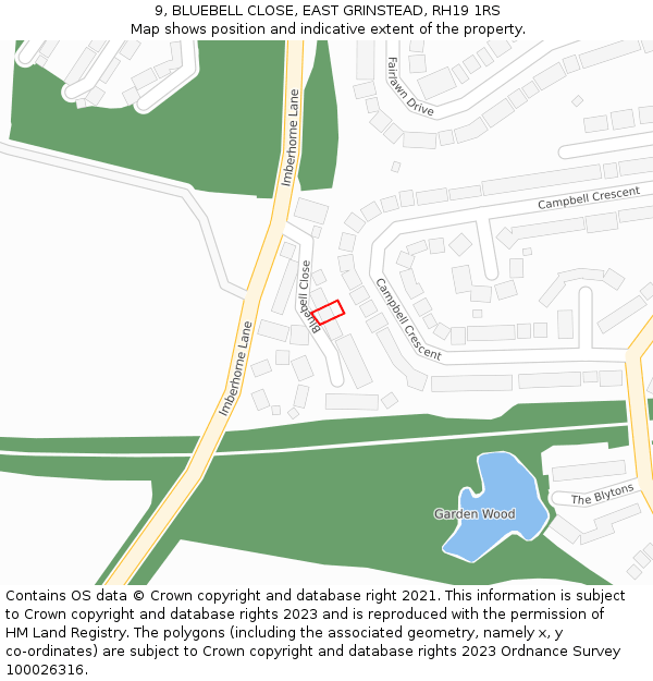 9, BLUEBELL CLOSE, EAST GRINSTEAD, RH19 1RS: Location map and indicative extent of plot