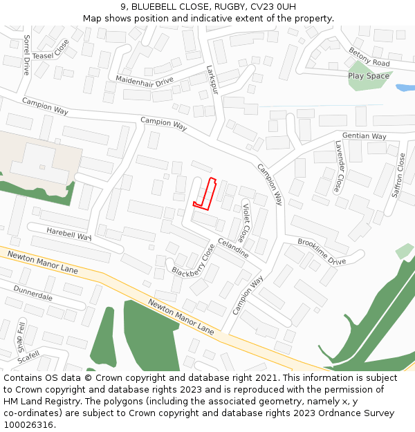 9, BLUEBELL CLOSE, RUGBY, CV23 0UH: Location map and indicative extent of plot