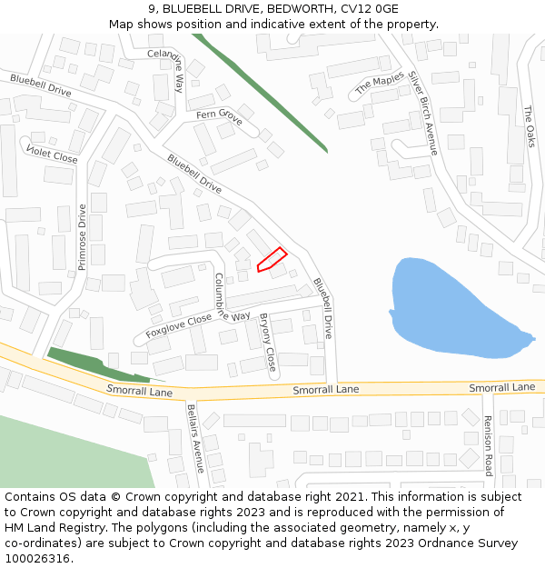 9, BLUEBELL DRIVE, BEDWORTH, CV12 0GE: Location map and indicative extent of plot