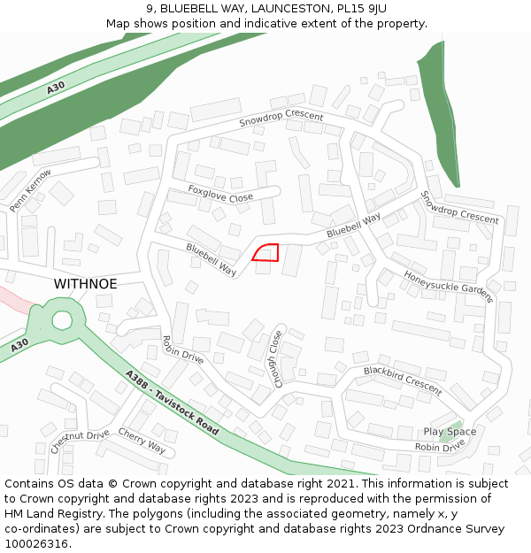 9, BLUEBELL WAY, LAUNCESTON, PL15 9JU: Location map and indicative extent of plot