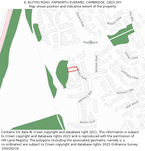 9, BLYTON ROAD, PAPWORTH EVERARD, CAMBRIDGE, CB23 3XY: Location map and indicative extent of plot