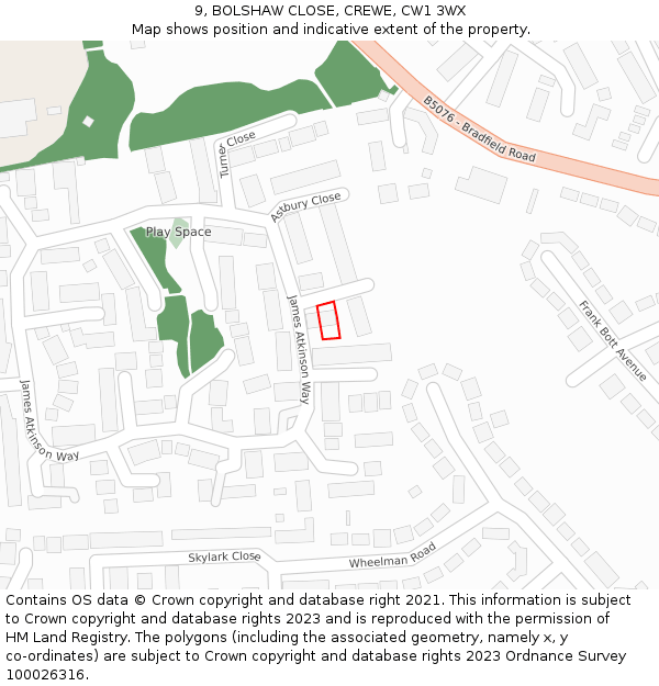 9, BOLSHAW CLOSE, CREWE, CW1 3WX: Location map and indicative extent of plot