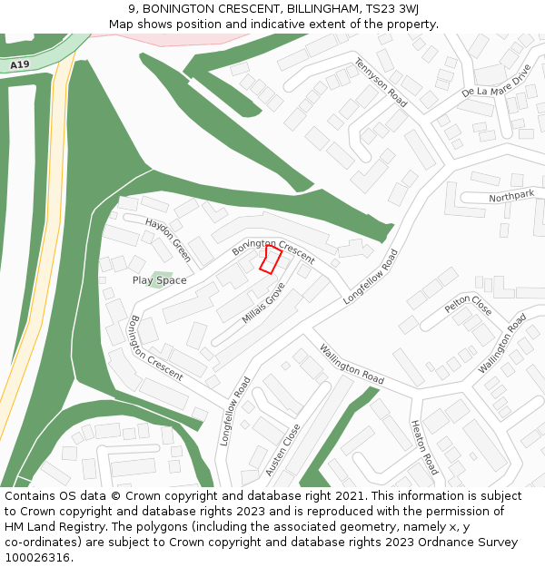 9, BONINGTON CRESCENT, BILLINGHAM, TS23 3WJ: Location map and indicative extent of plot