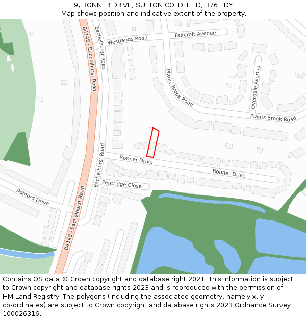 9, BONNER DRIVE, SUTTON COLDFIELD, B76 1DY: Location map and indicative extent of plot