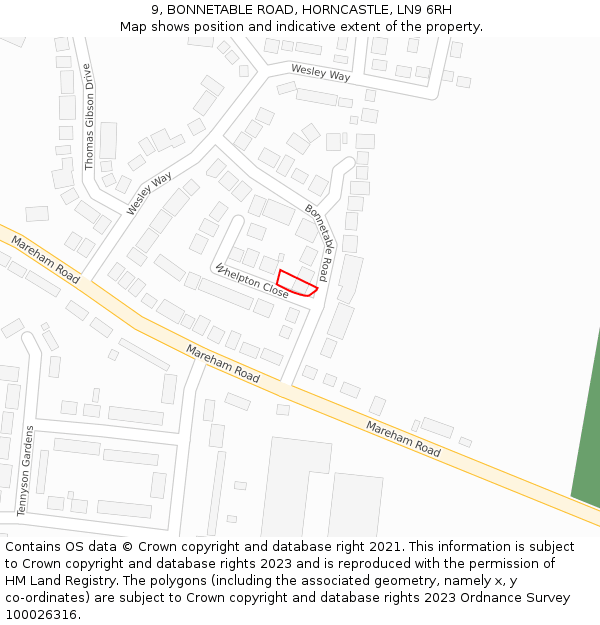 9, BONNETABLE ROAD, HORNCASTLE, LN9 6RH: Location map and indicative extent of plot