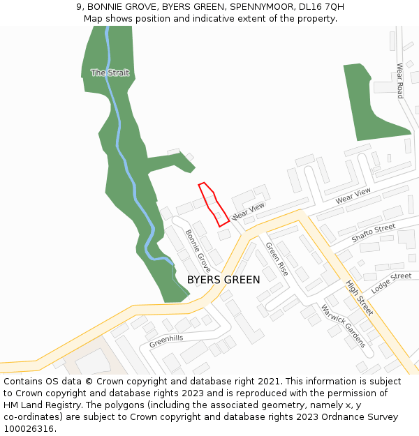 9, BONNIE GROVE, BYERS GREEN, SPENNYMOOR, DL16 7QH: Location map and indicative extent of plot