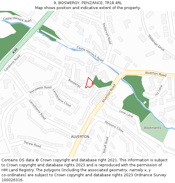 9, BOSWERGY, PENZANCE, TR18 4RL: Location map and indicative extent of plot