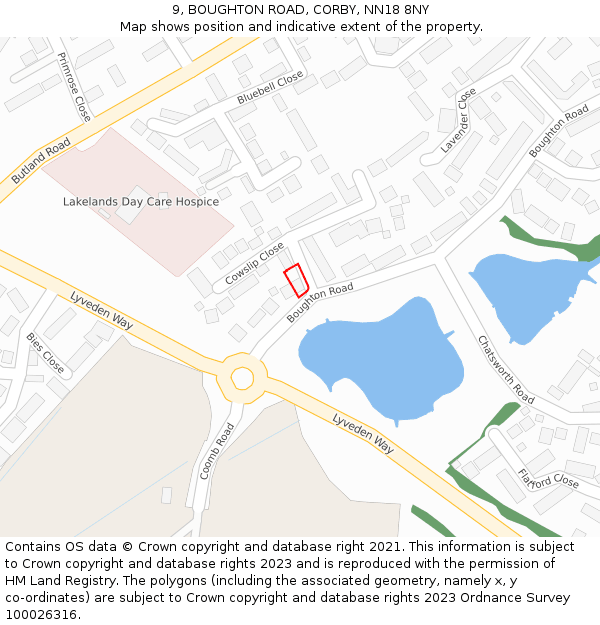 9, BOUGHTON ROAD, CORBY, NN18 8NY: Location map and indicative extent of plot
