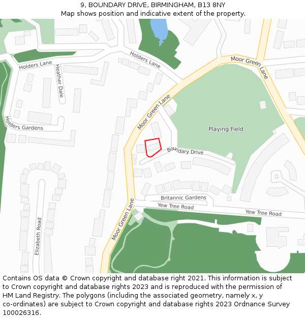 9, BOUNDARY DRIVE, BIRMINGHAM, B13 8NY: Location map and indicative extent of plot