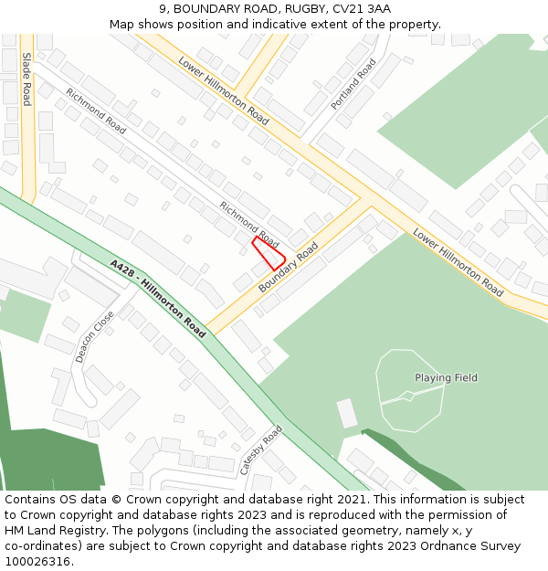 9, BOUNDARY ROAD, RUGBY, CV21 3AA: Location map and indicative extent of plot