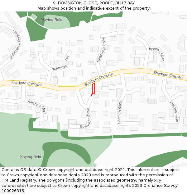 9, BOVINGTON CLOSE, POOLE, BH17 8AY: Location map and indicative extent of plot