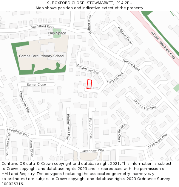 9, BOXFORD CLOSE, STOWMARKET, IP14 2PU: Location map and indicative extent of plot