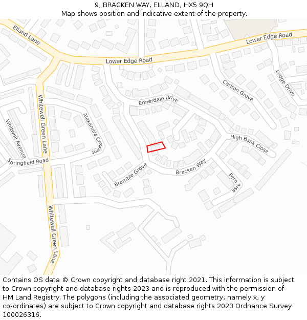9, BRACKEN WAY, ELLAND, HX5 9QH: Location map and indicative extent of plot