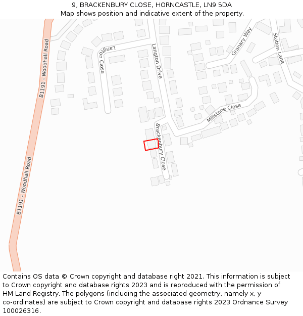 9, BRACKENBURY CLOSE, HORNCASTLE, LN9 5DA: Location map and indicative extent of plot