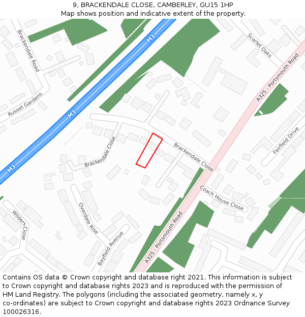 9, BRACKENDALE CLOSE, CAMBERLEY, GU15 1HP: Location map and indicative extent of plot