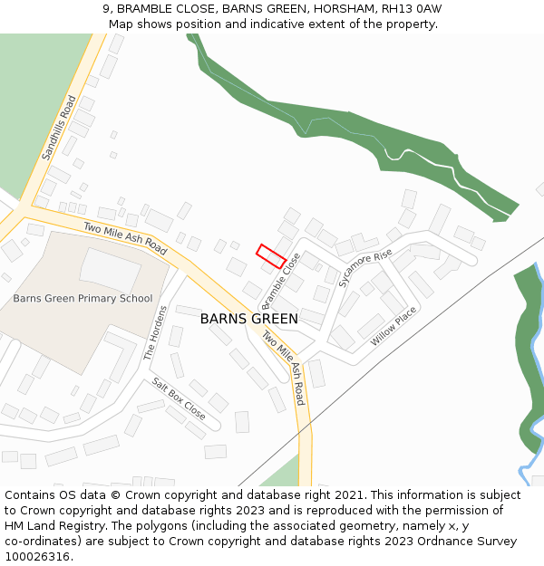 9, BRAMBLE CLOSE, BARNS GREEN, HORSHAM, RH13 0AW: Location map and indicative extent of plot