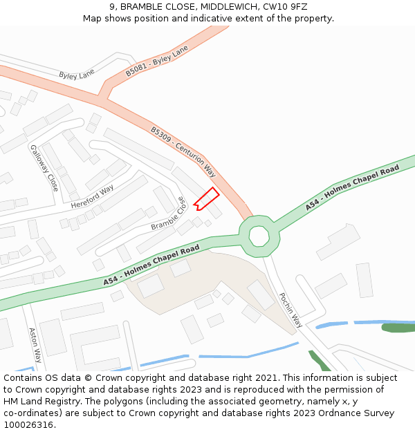 9, BRAMBLE CLOSE, MIDDLEWICH, CW10 9FZ: Location map and indicative extent of plot