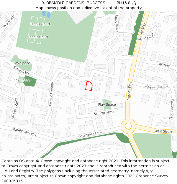 9, BRAMBLE GARDENS, BURGESS HILL, RH15 8UQ: Location map and indicative extent of plot