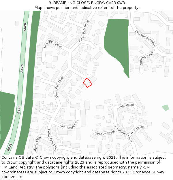 9, BRAMBLING CLOSE, RUGBY, CV23 0WR: Location map and indicative extent of plot