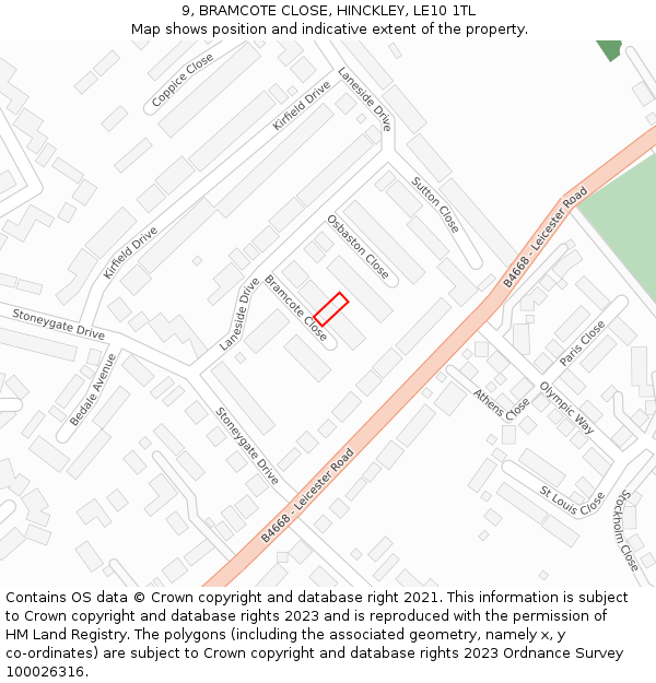 9, BRAMCOTE CLOSE, HINCKLEY, LE10 1TL: Location map and indicative extent of plot