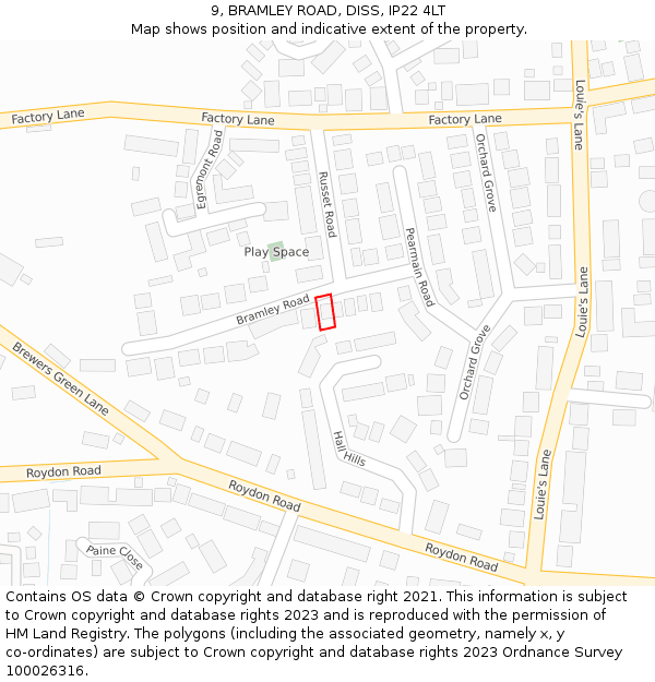 9, BRAMLEY ROAD, DISS, IP22 4LT: Location map and indicative extent of plot