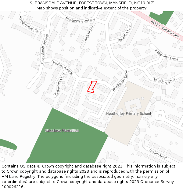 9, BRANSDALE AVENUE, FOREST TOWN, MANSFIELD, NG19 0LZ: Location map and indicative extent of plot