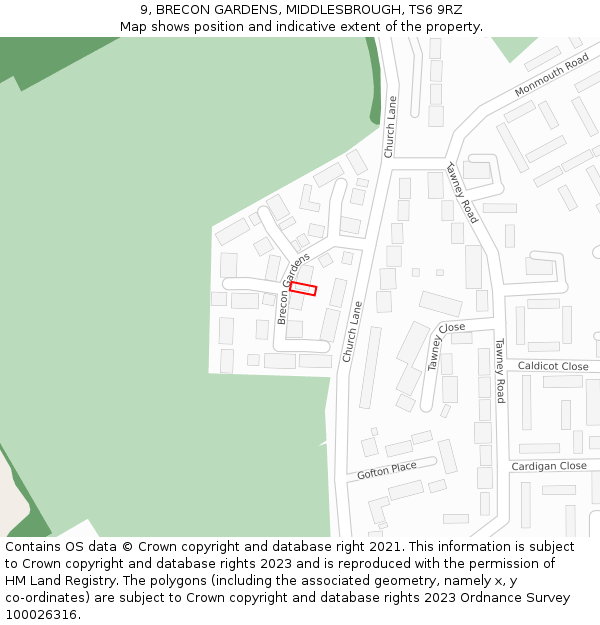 9, BRECON GARDENS, MIDDLESBROUGH, TS6 9RZ: Location map and indicative extent of plot