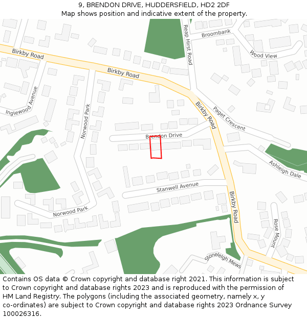 9, BRENDON DRIVE, HUDDERSFIELD, HD2 2DF: Location map and indicative extent of plot