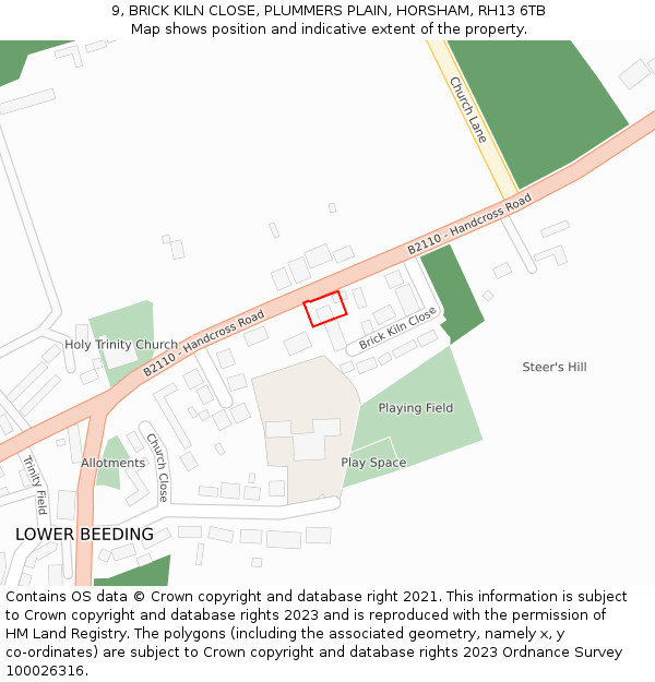 9, BRICK KILN CLOSE, PLUMMERS PLAIN, HORSHAM, RH13 6TB: Location map and indicative extent of plot