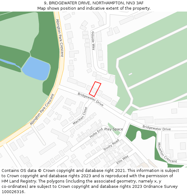 9, BRIDGEWATER DRIVE, NORTHAMPTON, NN3 3AF: Location map and indicative extent of plot