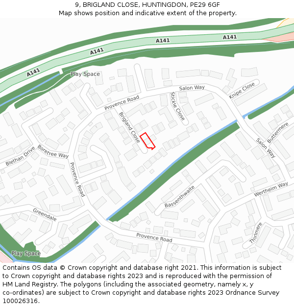 9, BRIGLAND CLOSE, HUNTINGDON, PE29 6GF: Location map and indicative extent of plot